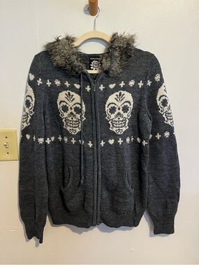 Lucky Brand Skull Knit Hoodie Zip Sweater Faux Fur Gray Wool Blend Large Y2K